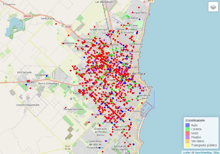 Casos georreferenciados de ingresos por siniestros viales a la guardia según modo de transporte.